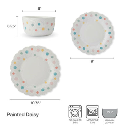 Darbie Angell Painted Daisy 12 Piece Dinnerware Set, Service or 4