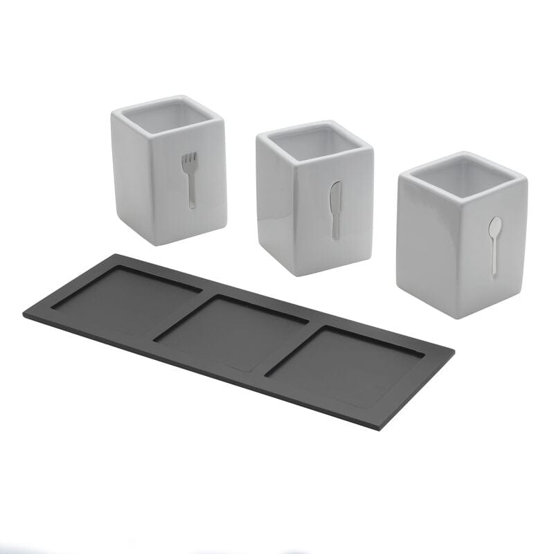 3 Piece Flatware Caddy with Wood Tray