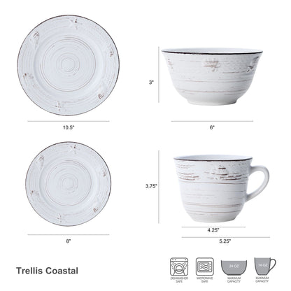 Trellis Coastal White 16 Piece Dinnerware Set, Service for 4