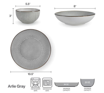 Arlie Gray 12 Piece Pasta Dinnerware Set, Service for 4