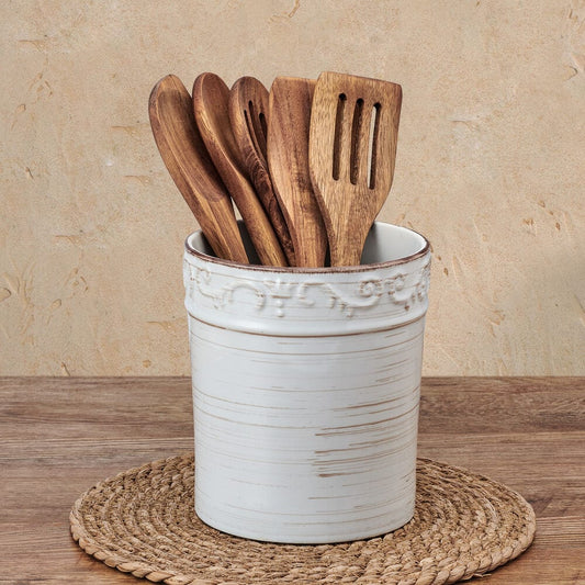 Trellis White Utensil Crock with Tools