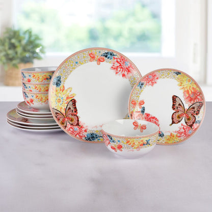 Dolly Parton Mosaic Peach Butterfly 12 Piece Dinnerware Set Service for 4