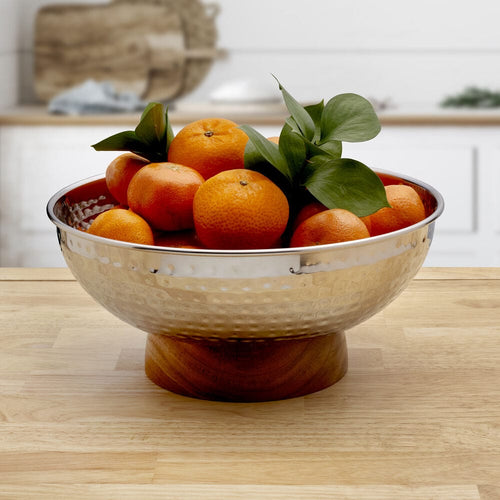 Radiance Hammered Serving Bowl with Acacia Base