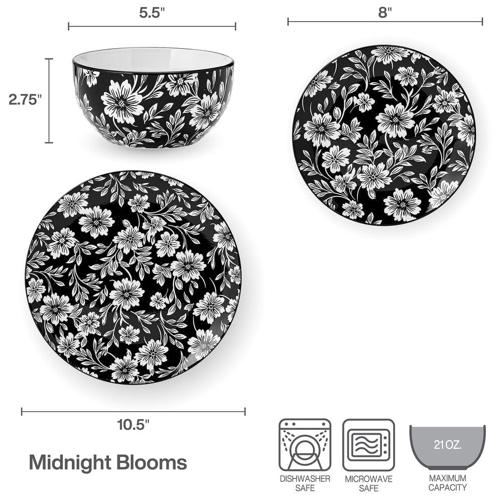 Midnight Blooms 12 Piece Dinnerware Set, Service for 4