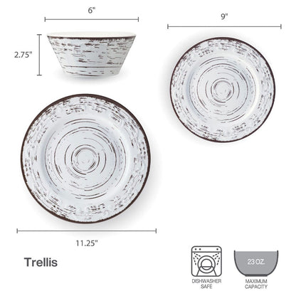 Trellis White 12 Piece Outdoor Melamine Dinnerware Set, Service for 4