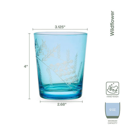Fitz and Floyd Wildflower Double Old Fashioned Glasses Set of 4, Blue
